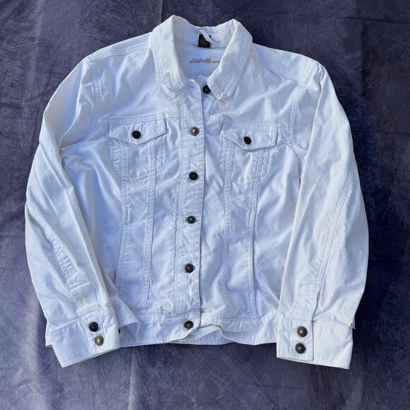 Women's Eddie Bauer White Button Up Denim Jean Trucker Casual Jacket Sz XL - Picture 1 of 6
